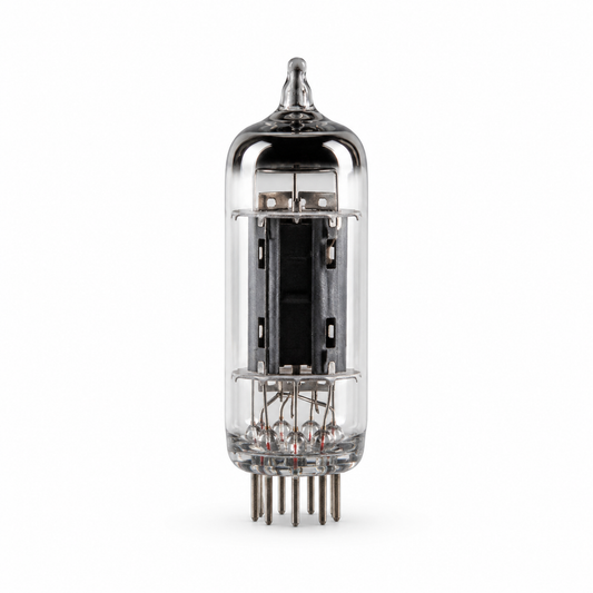 6DJ8 miniature vacuum tube with clear glass envelope and nine-pin base on a white background