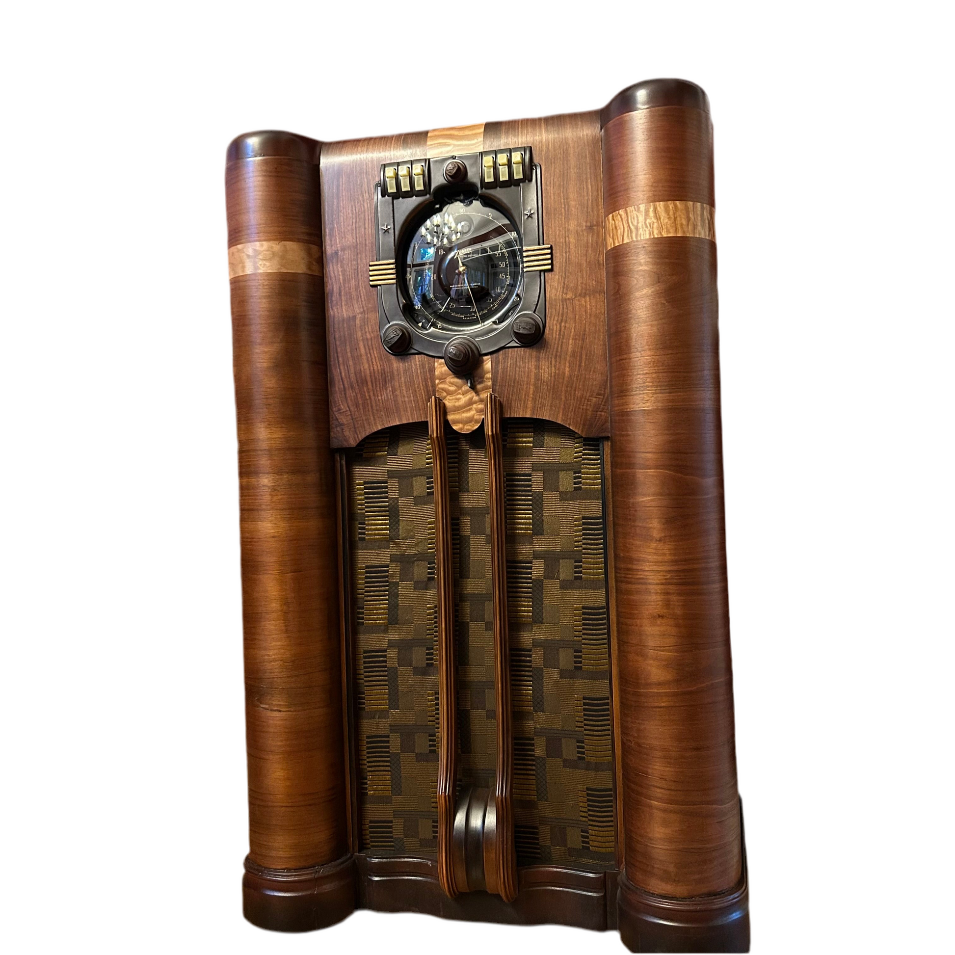 Vintage wooden radio with decorative elements on a white background