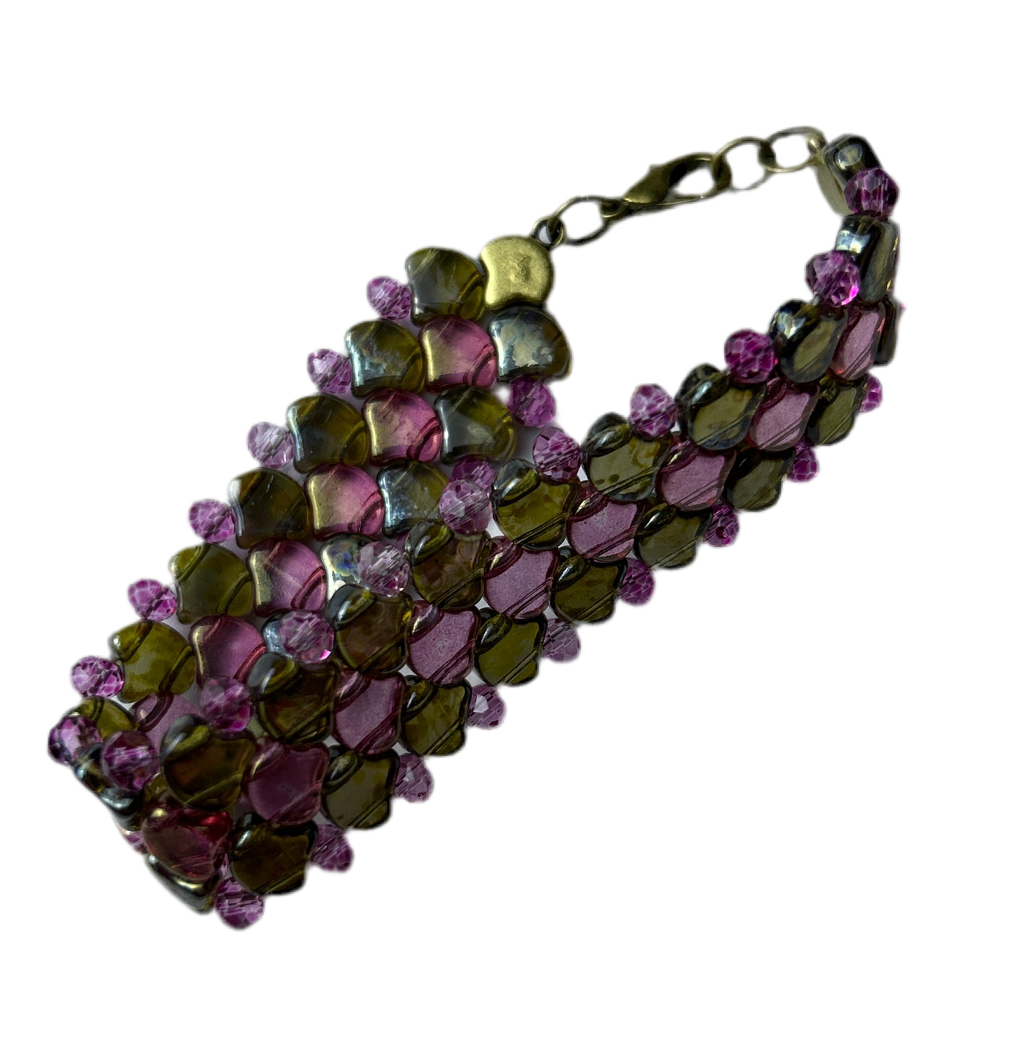 Bracelet with green and purple beads on a white background