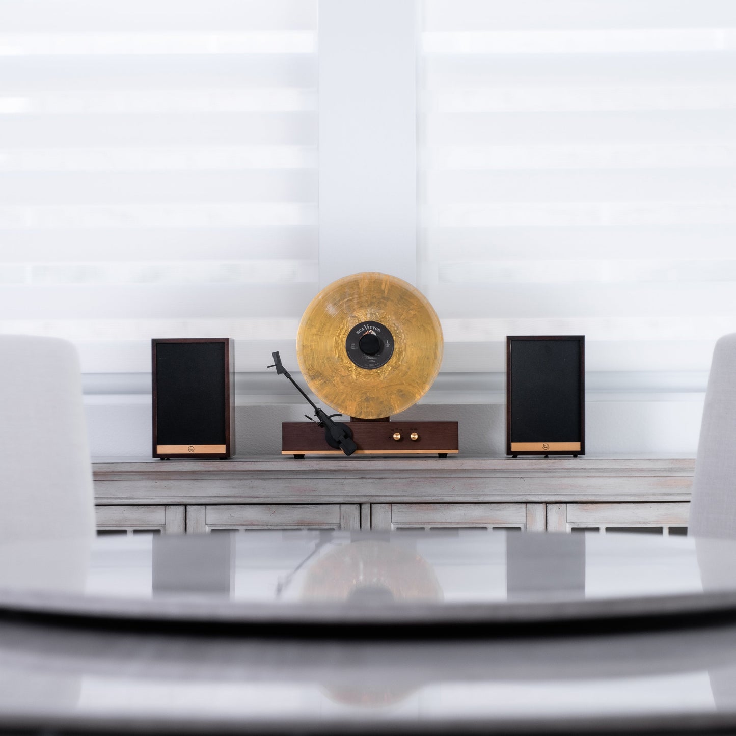 GLD Vertical Vinyl Record Player Ash Wood Veneer Gold Trim