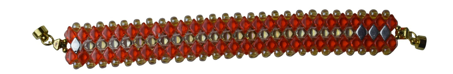 Beaded bracelet with orange beads and gold accents on a gray background