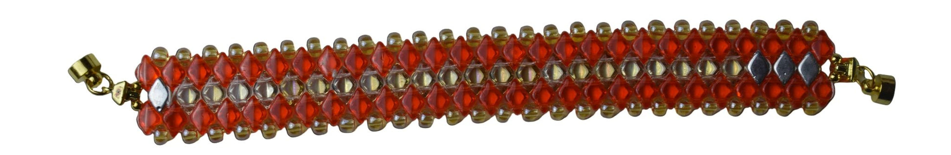 Beaded bracelet with orange beads and gold accents on a gray background