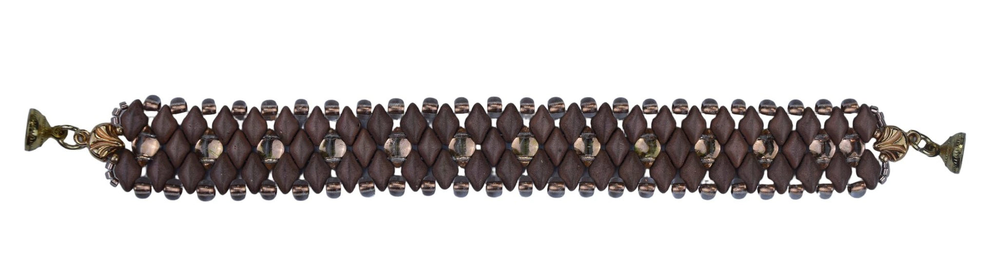 Brown braided bracelet with gold accents on a light blue background