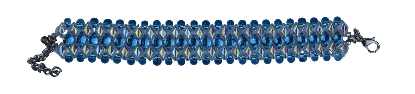 Blue beaded bracelet on a blue background
