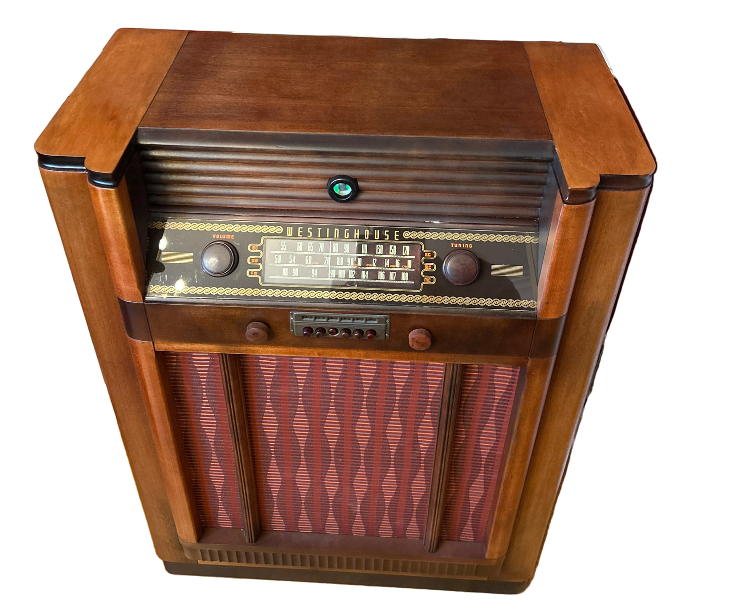 Westinghouse H-113 Mid Century Modern radio console with upgraded Bluetooth and AUX input, featuring a powerful 14-tube amplifier and stunning restored wood finish.