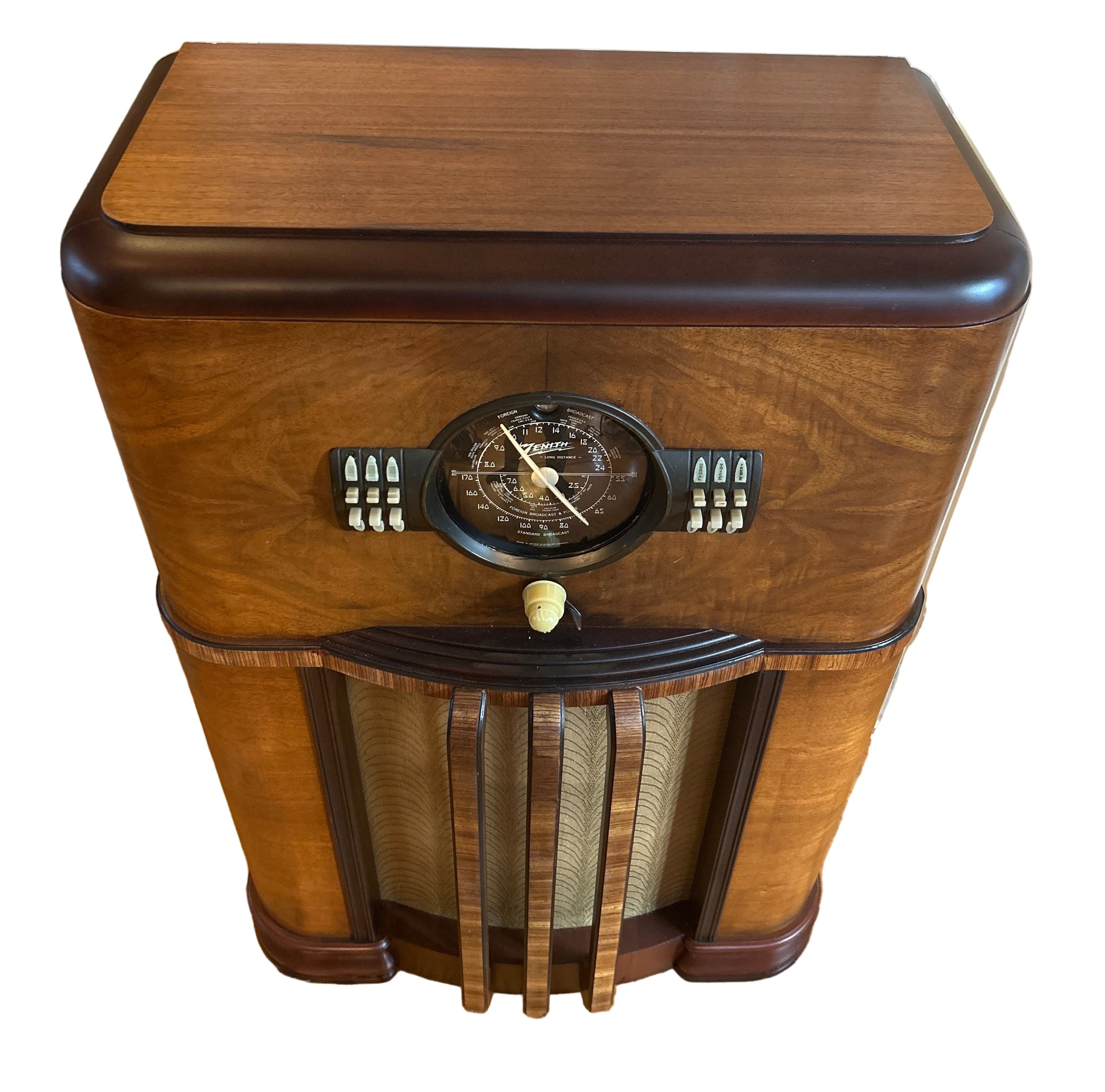 Vintage Zenith 8-S-359 (1939) Bluetooth-enabled tube radio console with restored burled walnut cabinet, Radiorgan tone control, 3.5mm input, and powerful warm tube sound for vinyl or electric guitar.