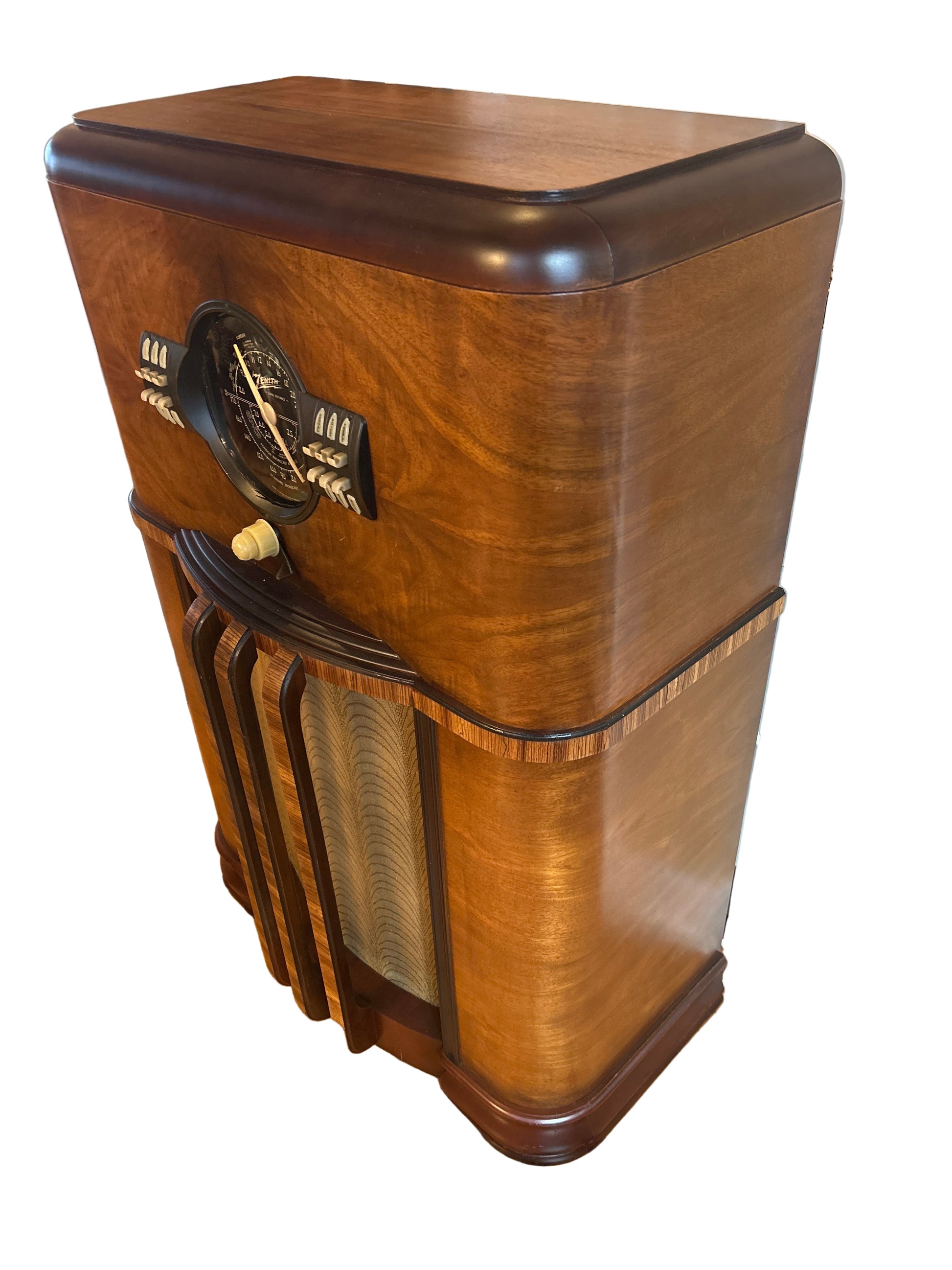 Vintage Zenith 8-S-359 (1939) Bluetooth-enabled tube radio console with restored burled walnut cabinet, Radiorgan tone control, 3.5mm input, and powerful warm tube sound for vinyl or electric guitar.