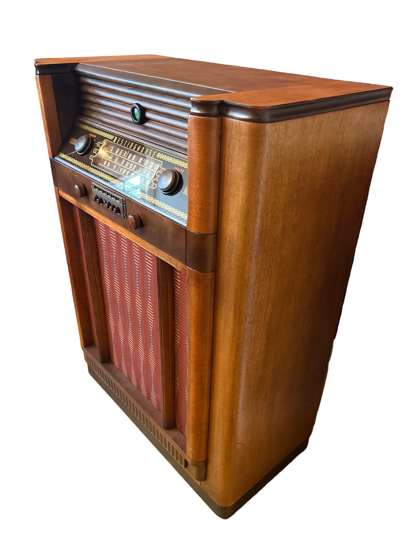 Restored vintage Westinghouse H-113 tube radio and record console with rich analog sound, classic wood cabinetry, and modern Bluetooth connectivity for home décor and audio lovers.