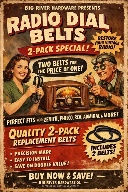 Vintage-style advertisement for Radio Dial Belts with a man and woman holding radios.