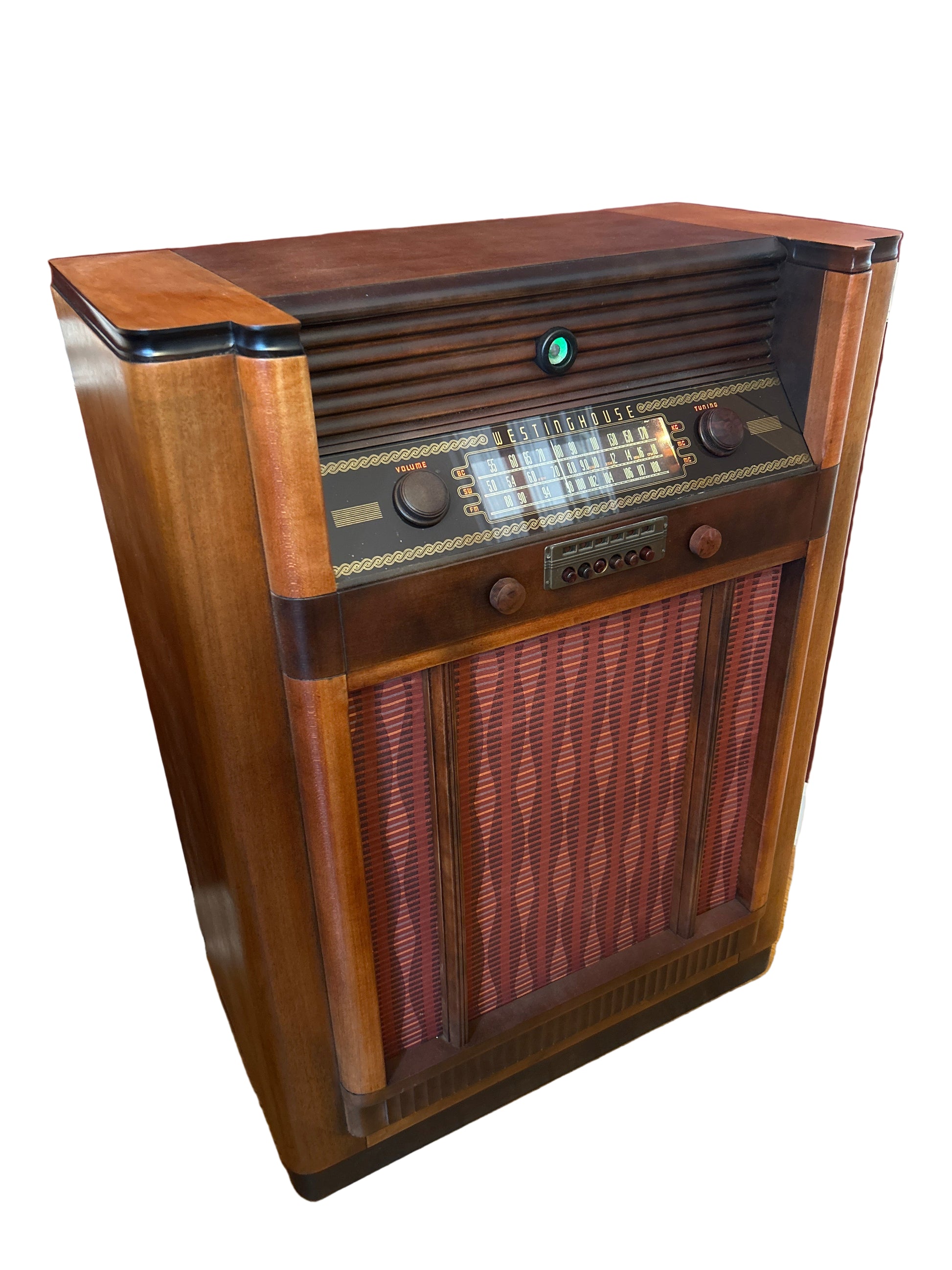 Vintage 1948 Westinghouse H-113 tube radio console with restored wood cabinet, Bluetooth streaming, 3.5mm input, and warm tube-amplified sound—perfect Mid Century Modern décor and premium vintage audio.