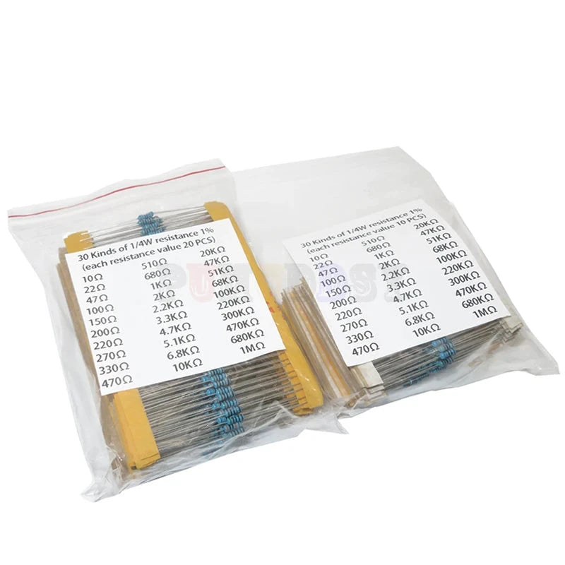 600pcs/set 30 Kinds 1/4W Resistance 1% Metal Film Resistor Pack Assorted Kit 1K 10K 100K 220ohm 1M Resistors 300pcs/set