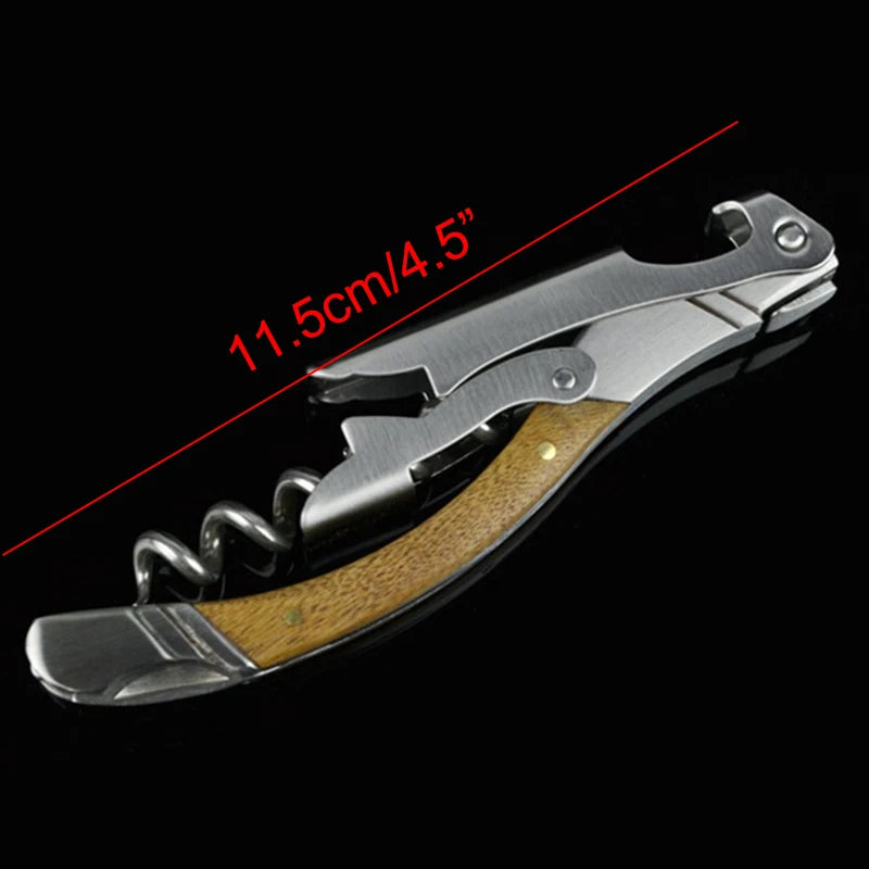Multifunctional tool with wooden handle and metal components on a black background