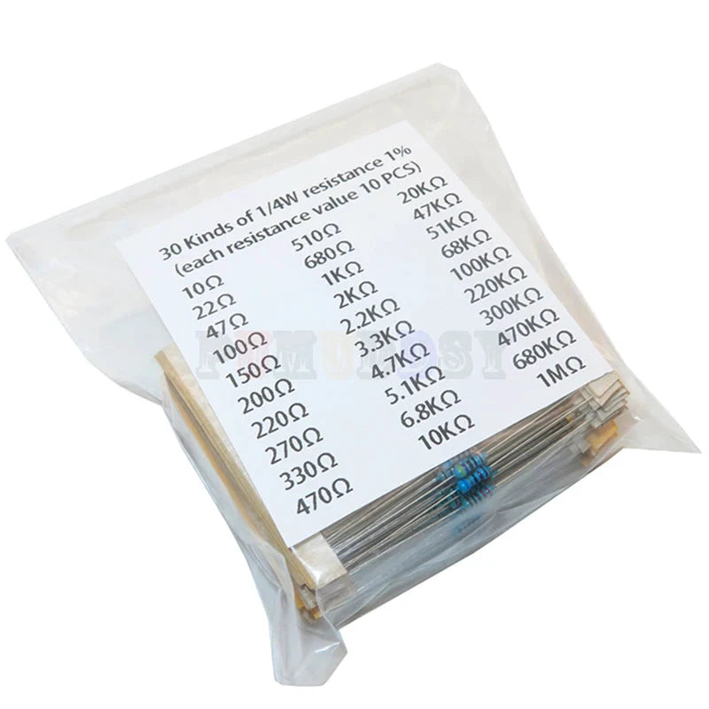 600pcs/set 30 Kinds 1/4W Resistance 1% Metal Film Resistor Pack Assorted Kit 1K 10K 100K 220ohm 1M Resistors 300pcs/set