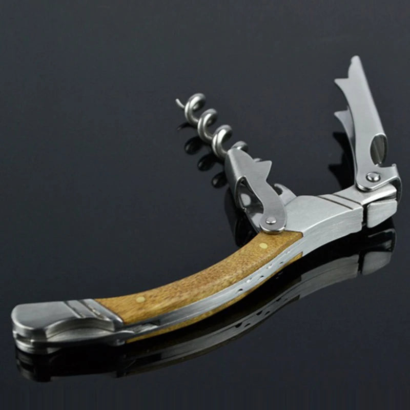 Multi-tool with wooden handle and metal components on a black background