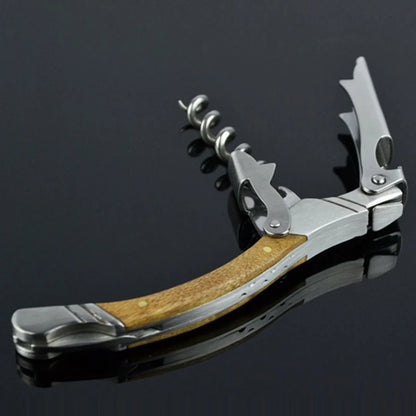 Multi-tool with wooden handle and metal components on a black background