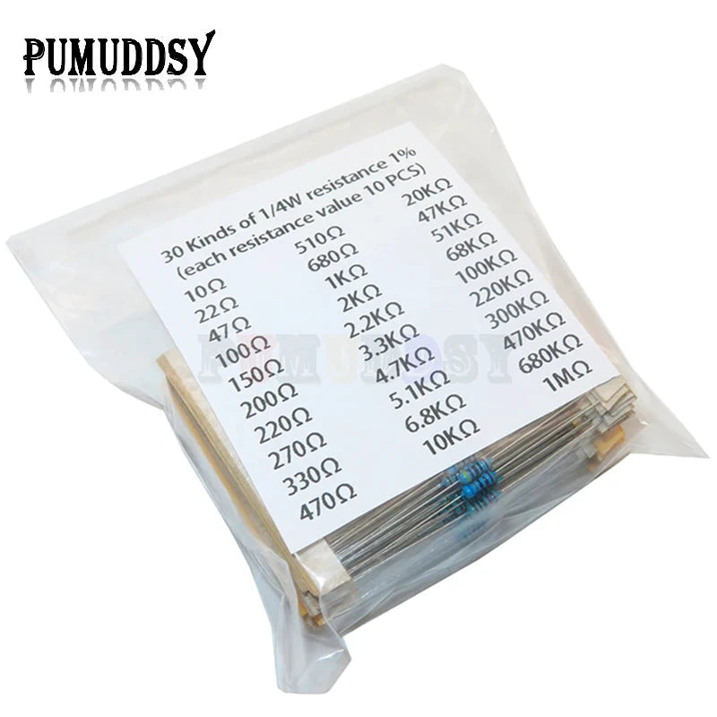 600pcs/set 30 Kinds 1/4W Resistance 1% Metal Film Resistor Pack Assorted Kit 1K 10K 100K 220ohm 1M Resistors 300pcs/set
