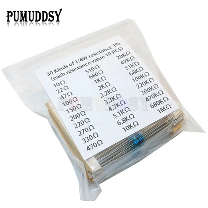 600pcs/set 30 Kinds 1/4W Resistance 1% Metal Film Resistor Pack Assorted Kit 1K 10K 100K 220ohm 1M Resistors 300pcs/set
