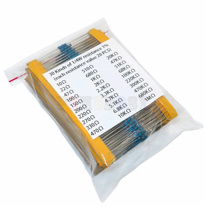 600pcs/set 30 Kinds 1/4W Resistance 1% Metal Film Resistor Pack Assorted Kit 1K 10K 100K 220ohm 1M Resistors 300pcs/set