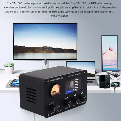 Tube Preamplifier 4 In 2 Out HIFI Preamplifier 6H3N Tube 5332 Op-amp Chip High Power Headphone Amplifier High Bass Adjustable
