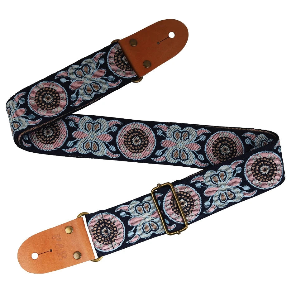 Big River Hardware Adjustable Embroidered Guitar Strap with Leather Ends for Bass, Electric, and Acoustic Guitars - Vintage Design for Ultimate Comfort and Durability