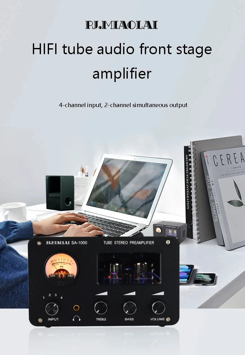Tube Preamplifier 4 In 2 Out HIFI Preamplifier 6H3N Tube 5332 Op-amp Chip High Power Headphone Amplifier High Bass Adjustable