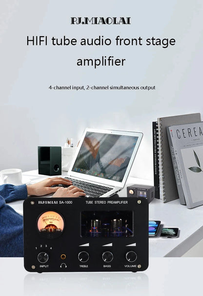 Tube Preamplifier 4 In 2 Out HIFI Preamplifier 6H3N Tube 5332 Op-amp Chip High Power Headphone Amplifier High Bass Adjustable