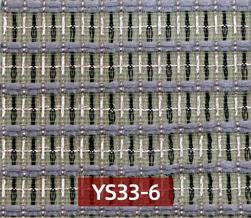 A close-up of a woven fabric texture with horizontal stripes in gray, sage green, black, and white,