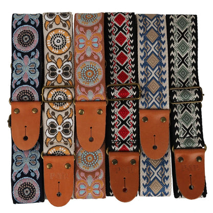 Big River Hardware Adjustable Embroidered Guitar Strap with Leather Ends for Bass, Electric, and Acoustic Guitars - Vintage Design for Ultimate Comfort and Durability