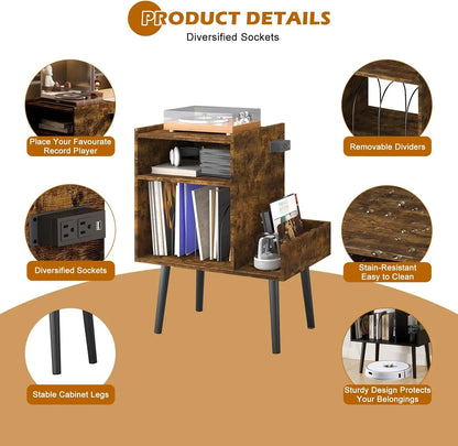 Compact record player table with USB ports and standard plugs for easy connectivity.