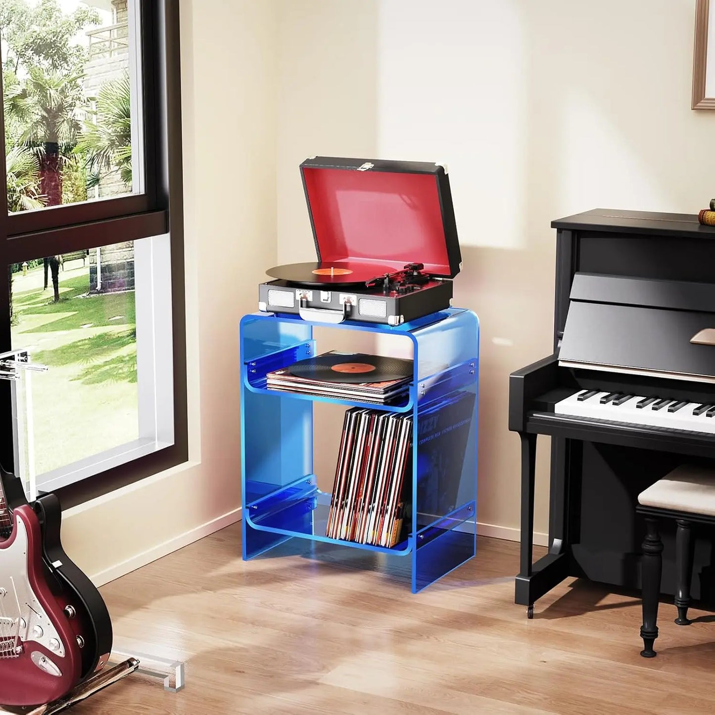 Sleek transparent acrylic vinyl storage stand with two-tier shelving.