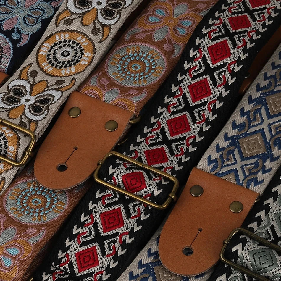 Big River Hardware Adjustable Embroidered Guitar Strap with Leather Ends for Bass, Electric, and Acoustic Guitars - Vintage Design for Ultimate Comfort and Durability