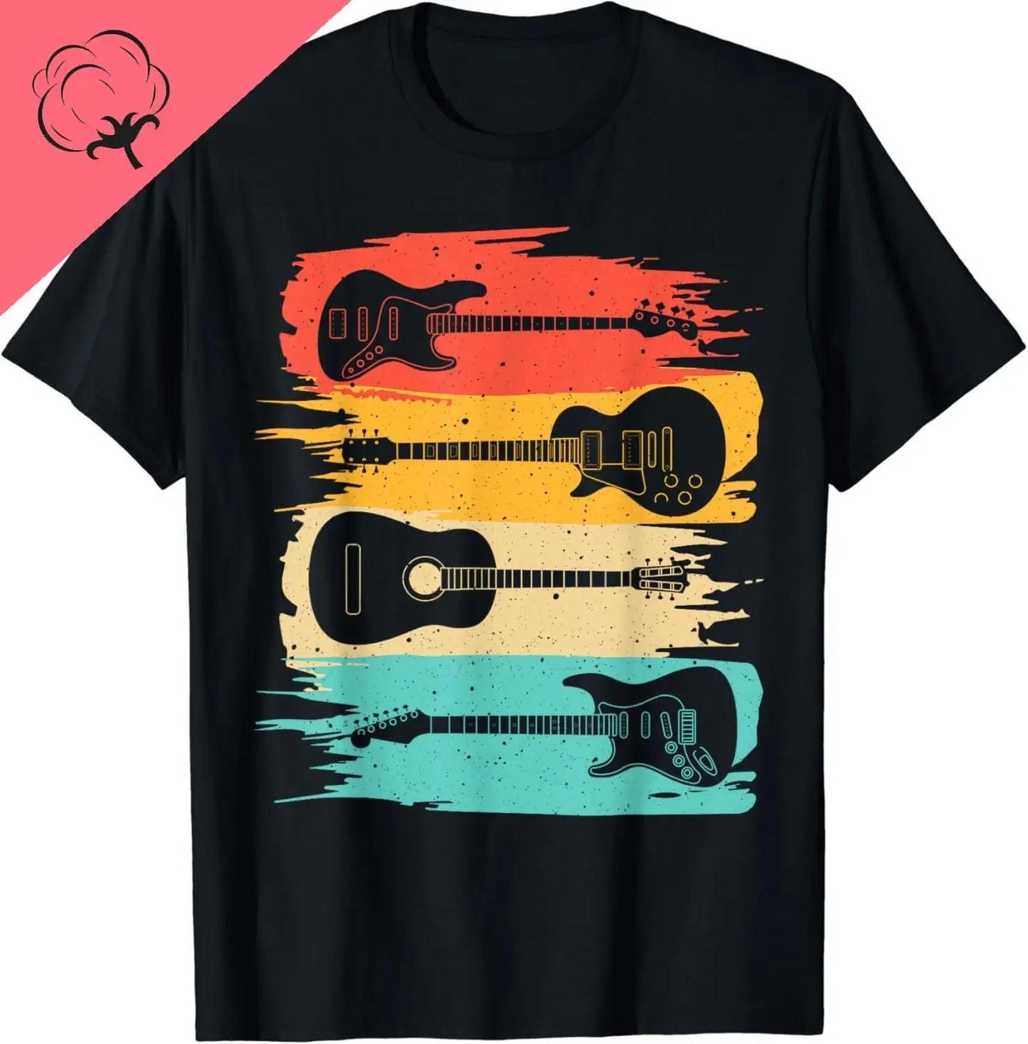 The guitar t shirt mens is a stylish tee with four guitars over distressed red, orange, yellow, and turquoise stripes plus a small cotton icon—perfect for any music fan.