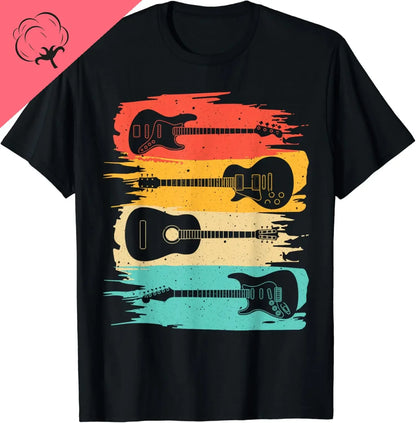 The guitar t shirt mens is a stylish tee with four guitars over distressed red, orange, yellow, and turquoise stripes plus a small cotton icon—perfect for any music fan.