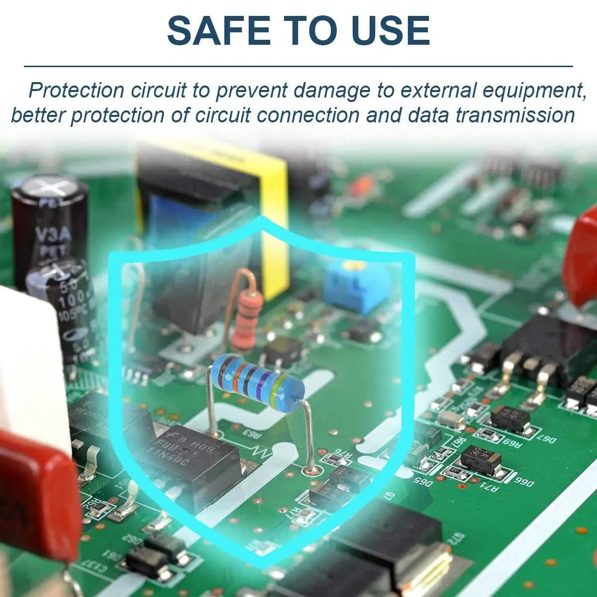Circuit board with protective circuit highlighted, text indicating safety features.