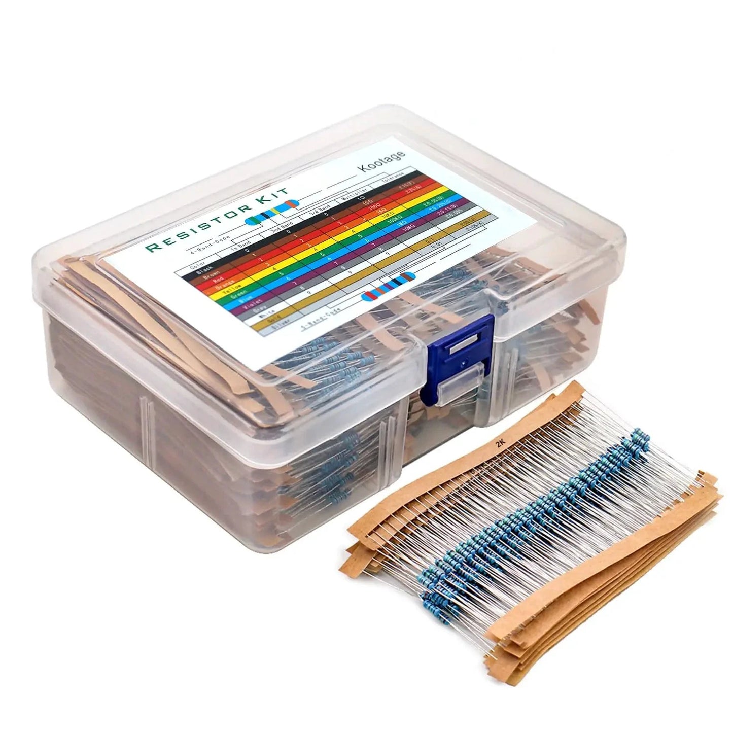 Resistor kit with clear storage box on a white background