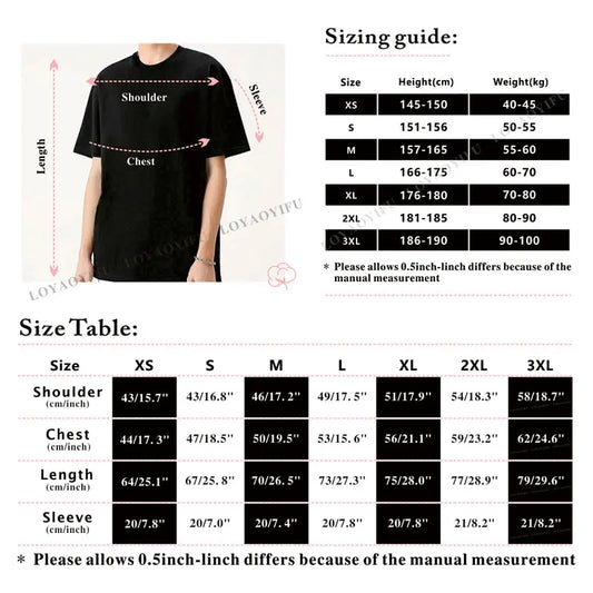 The guitar t shirt mens size chart features a diagram showing measurement points for shoulder, chest, length, and sleeve. It lists sizes XS–3XL with height, weight, and garment measurements provided in both centimeters and inches.
