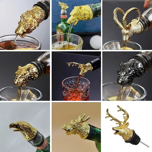 Big River Hardware Zinc Alloy Animal Head Wine Pourer - Deer Elk Lion Designs for Stylish Bar Accessories and Wine Enthusiasts