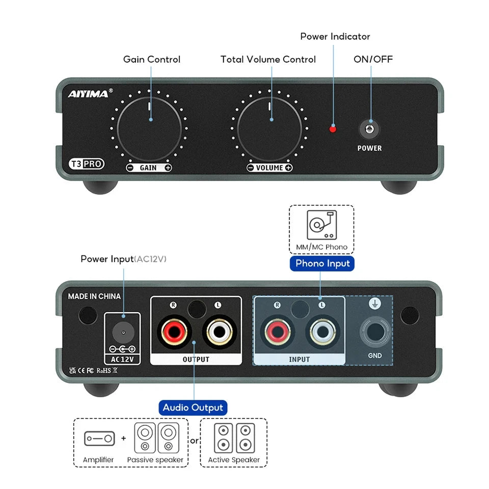 AIYIMA T3 PRO RIAA MM/MC Phono Preamplifier Vinyl Record Player Stereo Preamp Amplifier Turntable Phonograph Gain Control