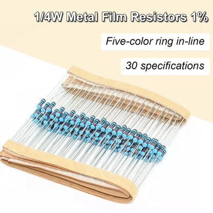 Pack of 1/4W metal film resistors with five-color ring in-line on a beige background.