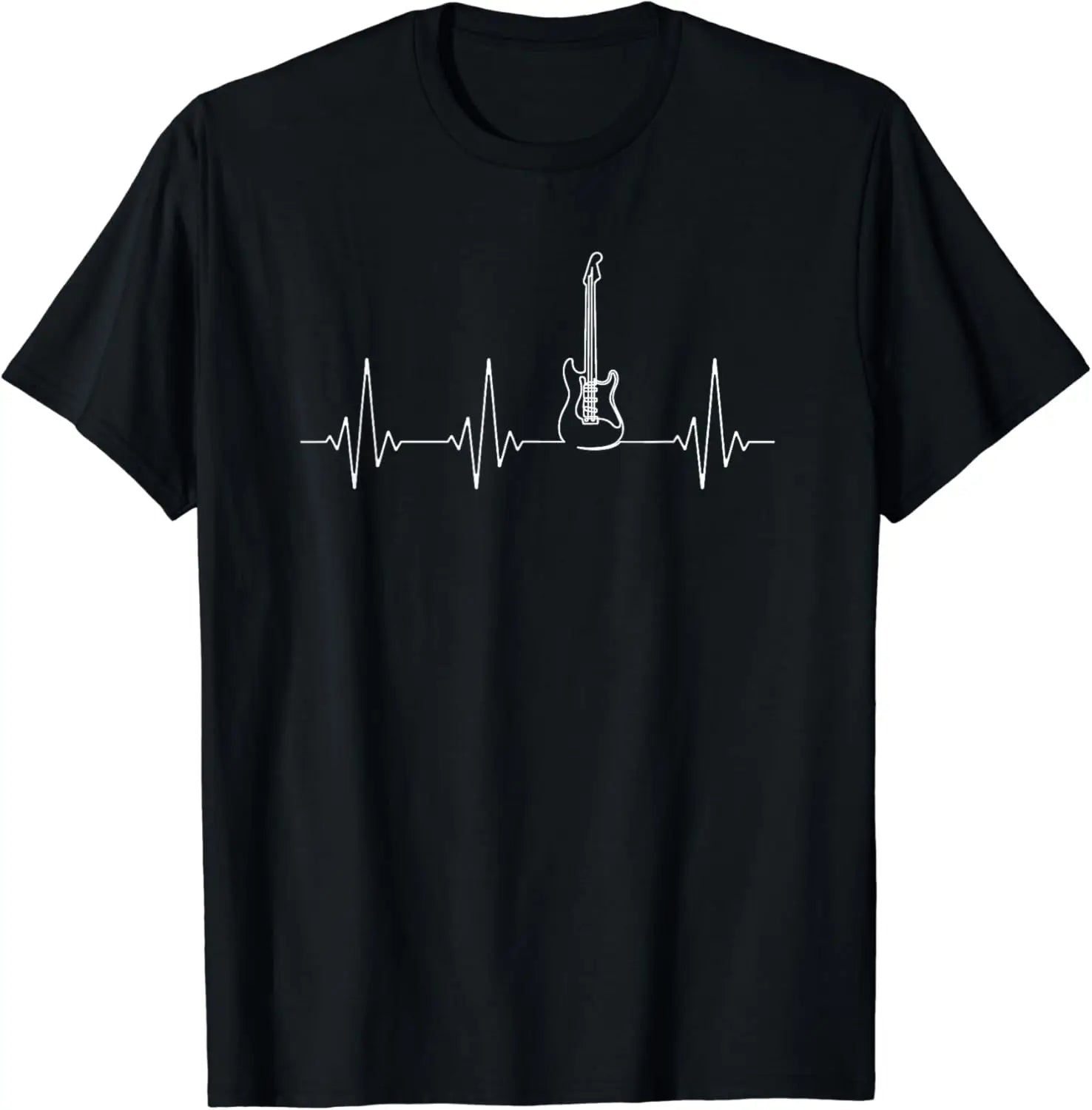 Guitar Heartbeat t shirt featuring a white electric guitar graphic within a heartbeat line—an ideal shirt for music lovers who feel a strong connection between music and life.