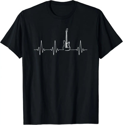 Guitar Heartbeat t shirt featuring a white electric guitar graphic within a heartbeat line—an ideal shirt for music lovers who feel a strong connection between music and life.