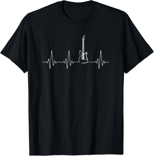 Guitar Heartbeat t shirt featuring a white electric guitar graphic within a heartbeat line—an ideal shirt for music lovers who feel a strong connection between music and life.