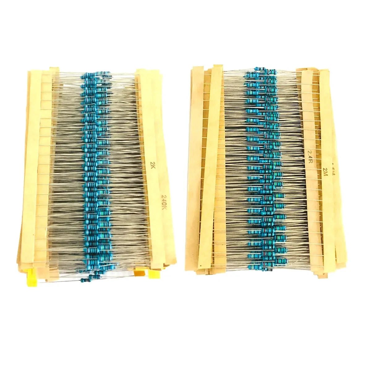 Two packages of resistors with blue bands on a white background