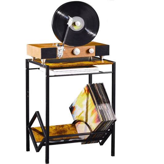 Vintage record player stand with wooden finish and vinyl storage compartments.