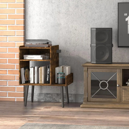 Rustic brown vinyl record storage furniture designed for turntables and LP collections.