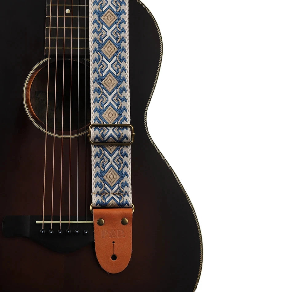 Big River Hardware Adjustable Embroidered Guitar Strap with Leather Ends for Bass, Electric, and Acoustic Guitars - Vintage Design for Ultimate Comfort and Durability