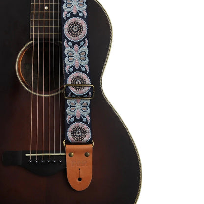 Big River Hardware Adjustable Embroidered Guitar Strap with Leather Ends for Bass, Electric, and Acoustic Guitars - Vintage Design for Ultimate Comfort and Durability