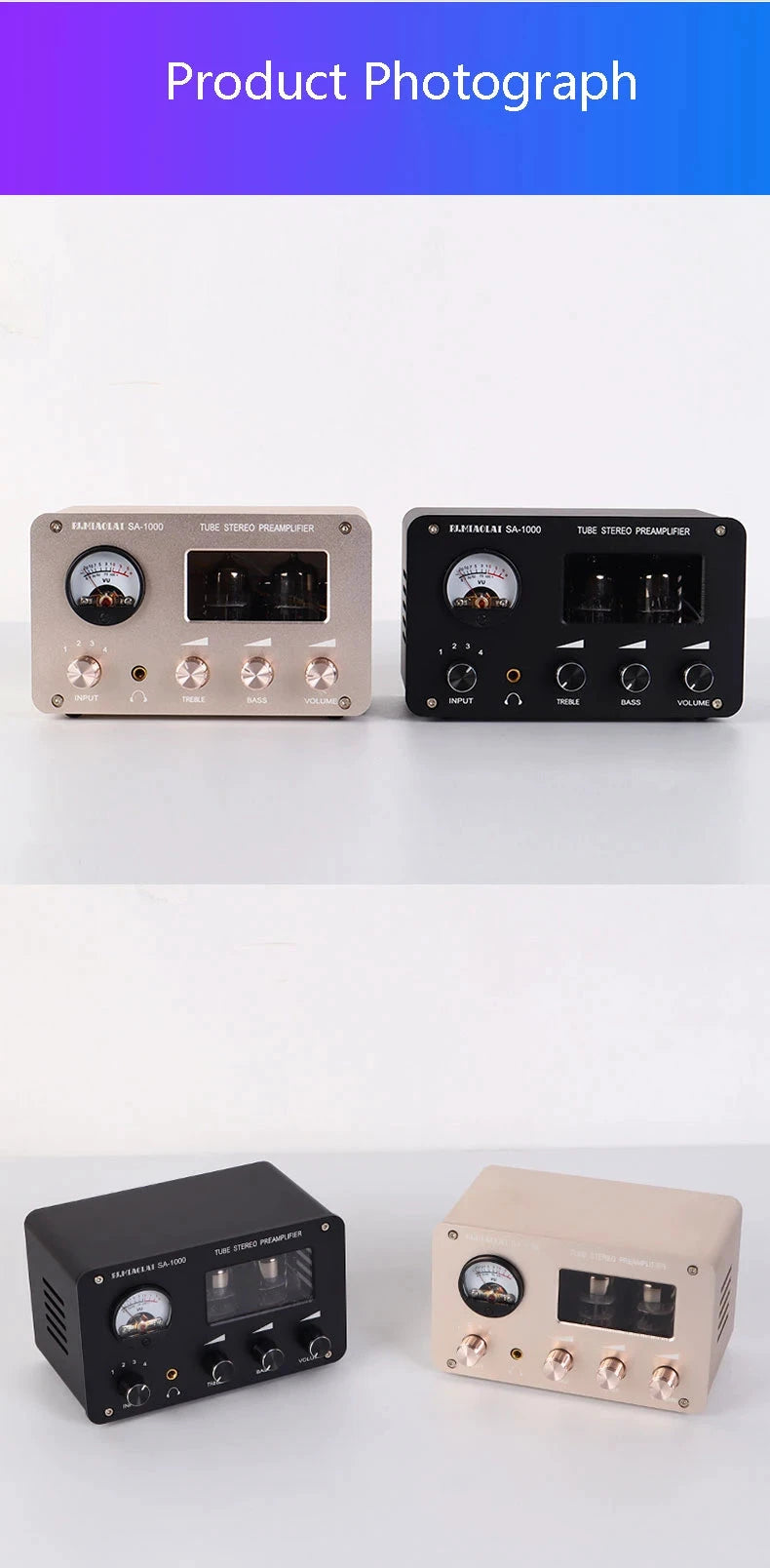 Tube Preamplifier 4 In 2 Out HIFI Preamplifier 6H3N Tube 5332 Op-amp Chip High Power Headphone Amplifier High Bass Adjustable