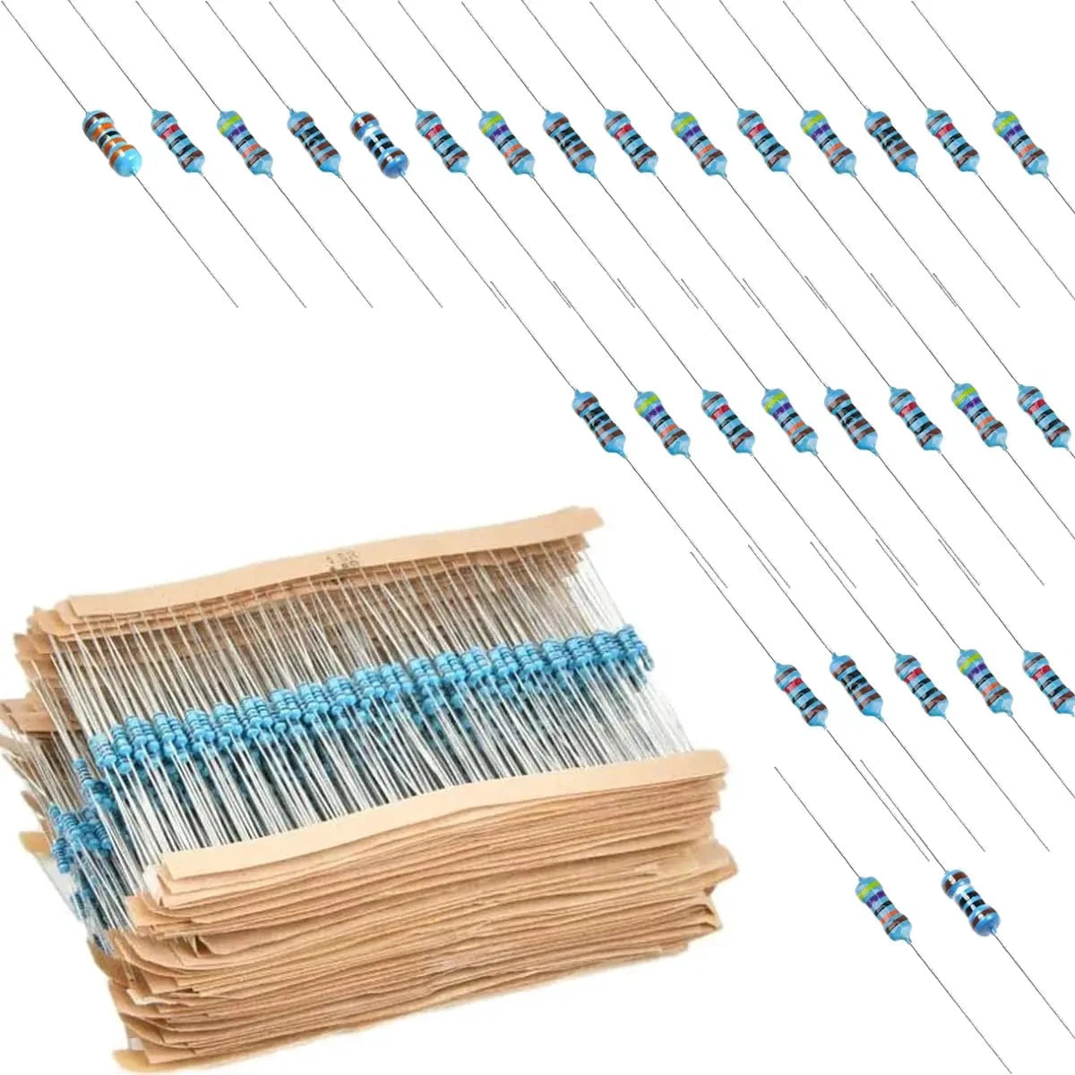 Stack of resistors and resistor leads on a white background