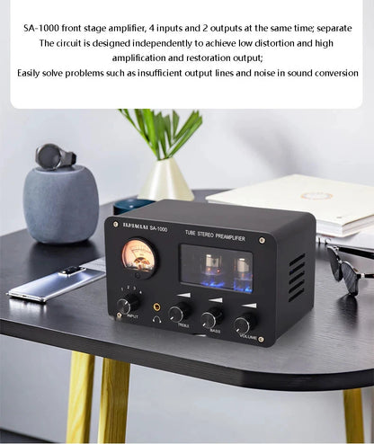 Tube Preamplifier 4 In 2 Out HIFI Preamplifier 6H3N Tube 5332 Op-amp Chip High Power Headphone Amplifier High Bass Adjustable